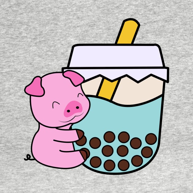 Kawaii Cute Happy Baby Pig Hugs Sweet Bubble Tea Blue Boba Tea by 4U2NV-LDN